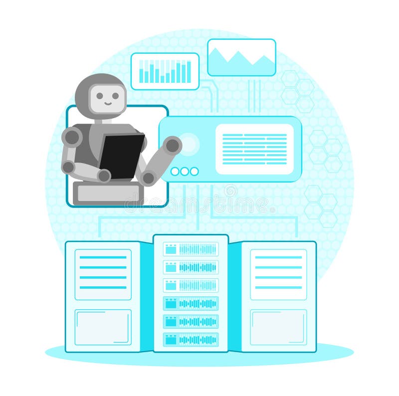 Concept AI Enhanced Data Analytics. Cercetare și dezvoltare desfășurată de roboți AI. stock illustration