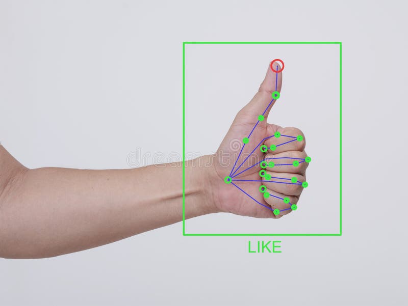 Concept of AI Hand tracking and gesture recognition. Accurately identifying a thumbs up sign as a like stock photography