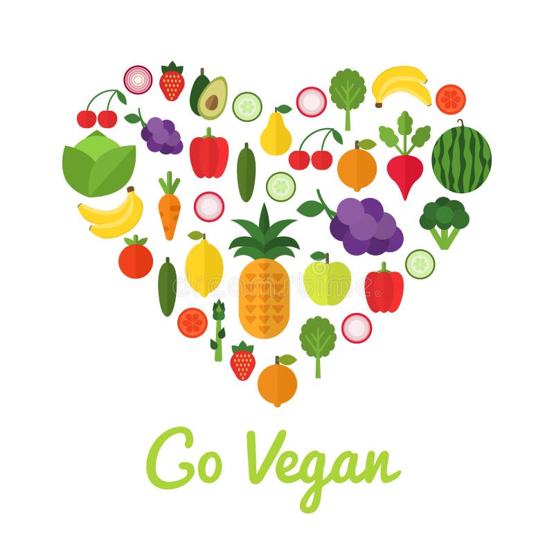 Concept alimentar sănătos. design Go Vegan. formă cardiacă umplută cu colecția de fructe și legume proaspete și sănătoase stock illustration