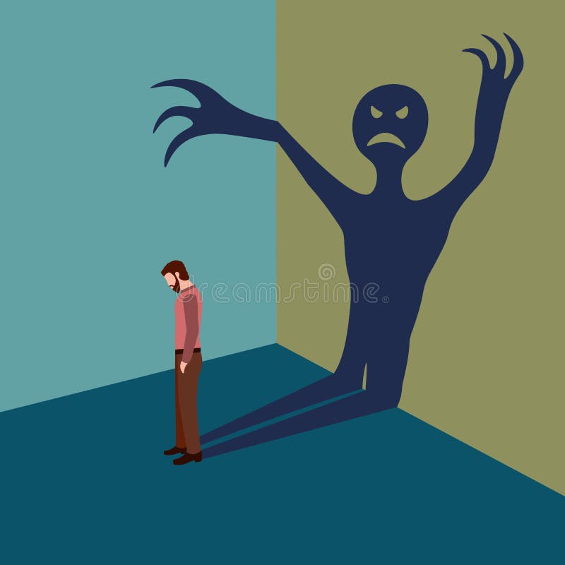 Concept of anxiety disorders, mental illness, stress and depression. A man with inner fear stands with his head down and a shadow