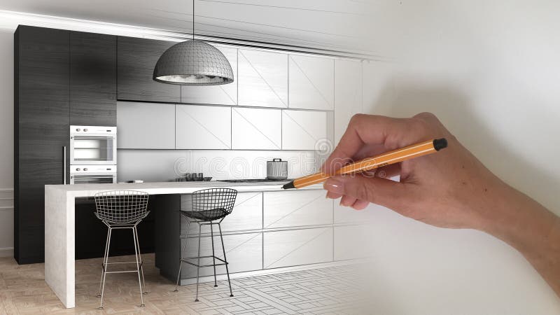 Concept arhitect de designer de interior : desenarea manuală a unui proiect de amenajare interioară, în timp ce spațiul devine o a stock photo