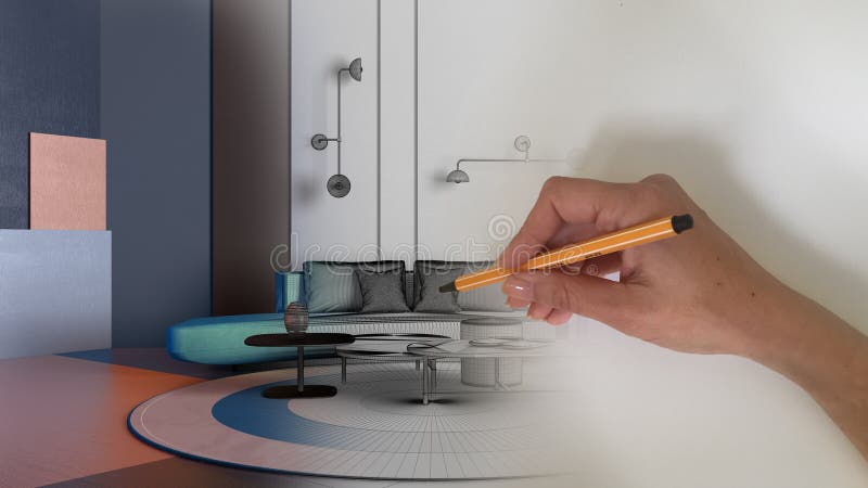 Concept arhitect de designer de interior : desenarea manuală a unui proiect de amenajare interioară, în timp ce spațiul devine o a stock photos
