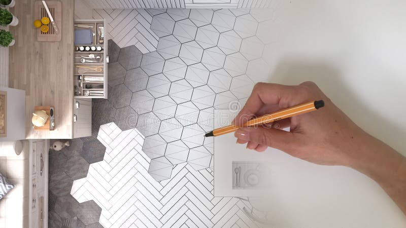 Concept arhitect de designer de interior : desenarea manuală a unui proiect interior de design, în timp ce spațiul devine o adevăr stock images