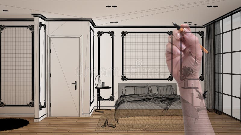 Concept arhitect de designer de interior : desenarea manuală a unui proiect de interior pentru dormitor modern alb și lemn cu pat royalty free stock images
