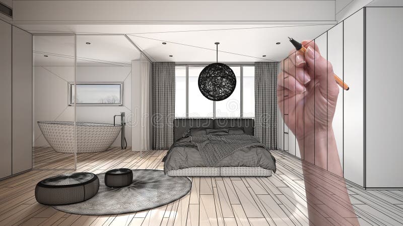 Concept arhitect de designer de interior : desenarea manuală a unui proiect interior de proiectare, în timp ce spațiul devine cu a royalty free stock photography