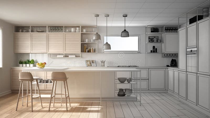 Concept arhitect de designer de interior : proiect neterminat care devine bucătărie reală cu detalii din lemn și parchet royalty free stock image