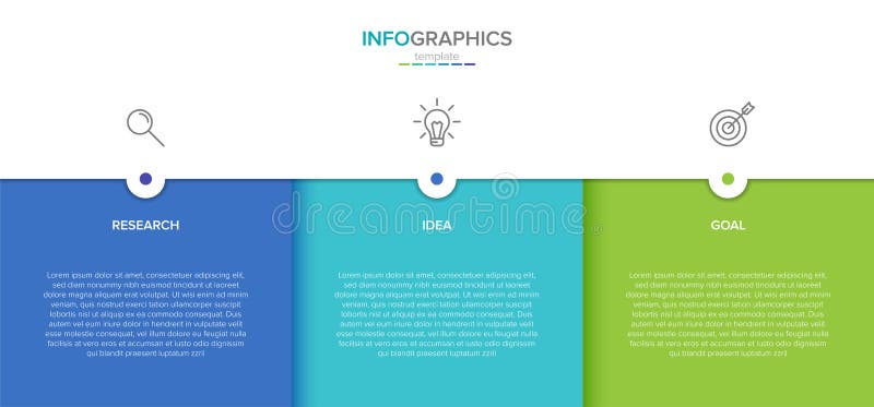 Concept of arrow business model with 3 successive steps. Three colorful rectangular elements. Timeline design for