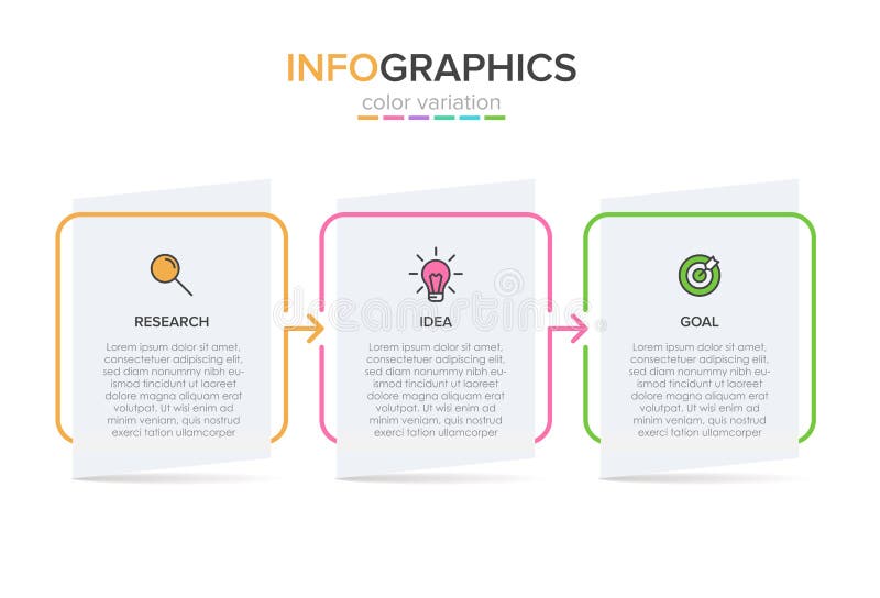 Concept of arrow business model with 3 successive steps. Three colorful rectangular elements. Timeline design for