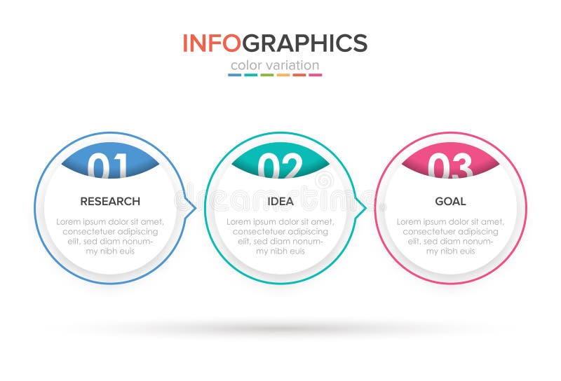 Concept of arrow business model with 3 successive steps. Three colorful rectangular elements. Timeline design for