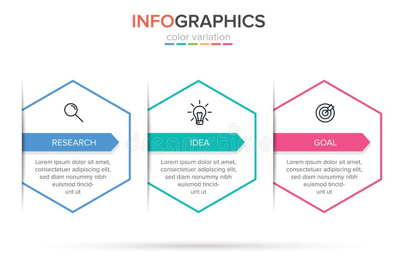 Concept of arrow business model with 3 successive steps. Three colorful rectangular elements. Timeline design for