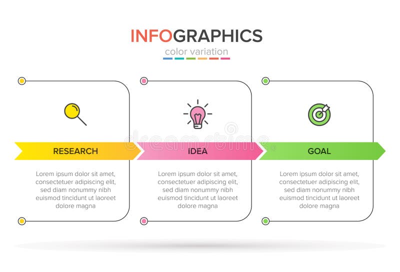 Concept of arrow business model with 3 successive steps. Three colorful rectangular elements. Timeline design for