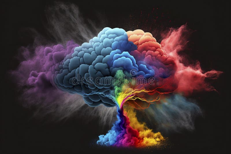 Concept art of a human brain exploding with knowledge and creativity, colourful powder, smoke - ai royalty free illustration
