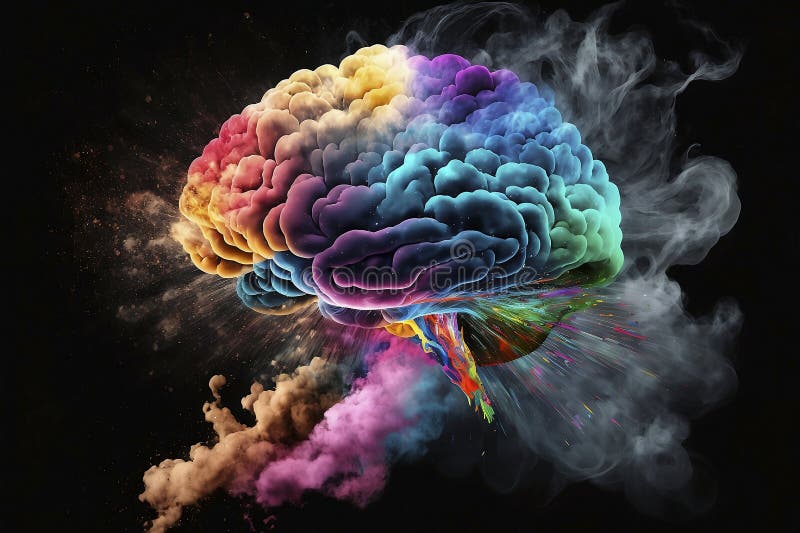 Concept art of a human brain exploding with knowledge and creativity, colourful powder, smoke - ai vector illustration
