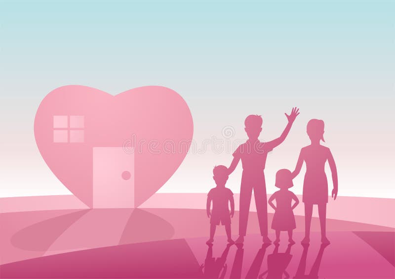 concept art of lovely and happy family with heart shape house in pink and black color by silhouette design