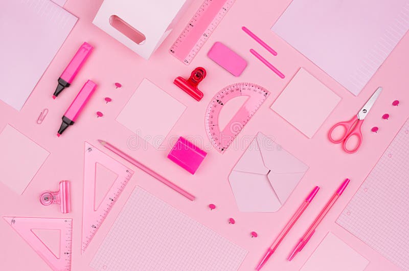 Concept art workplace for designers - pink color office accessories on soft light pink background, top view, pattern. royalty free stock photo Concept art workplace for designers - pink color office accessories on soft light pink background, top view, pattern. royalty free stock photo