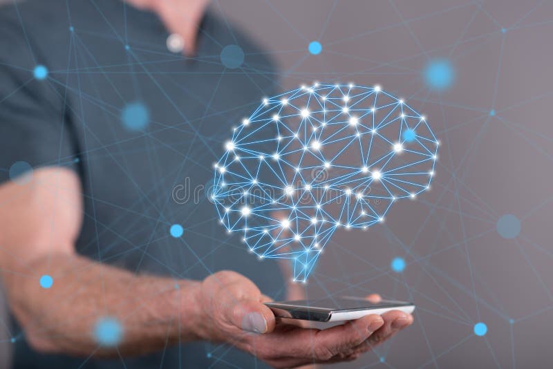 Artificial intelligence concept above a smartphone held by a man in background. Digital system concept stock images, royalty-free photos and pictures