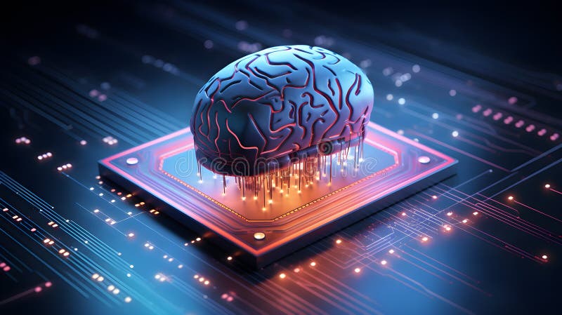 The concept of artificial intelligence is continually evolving, and one of its key components is the brain-like processor CPU. stock illustration