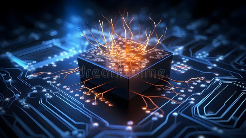 The concept of artificial intelligence is continually evolving, and one of its key components is the brain-like processor CPU. stock illustration