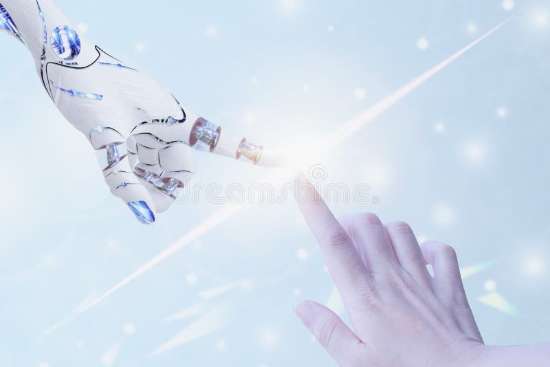 Concept artificial intelligence technology,business and industrial control with robot,robotic hand and human touch connects to royalty free stock photo