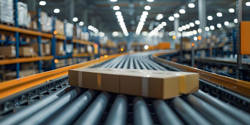 Automated logistics concept with conveyor belt in a warehouse for eCommerce distribution. Concept vector illustration