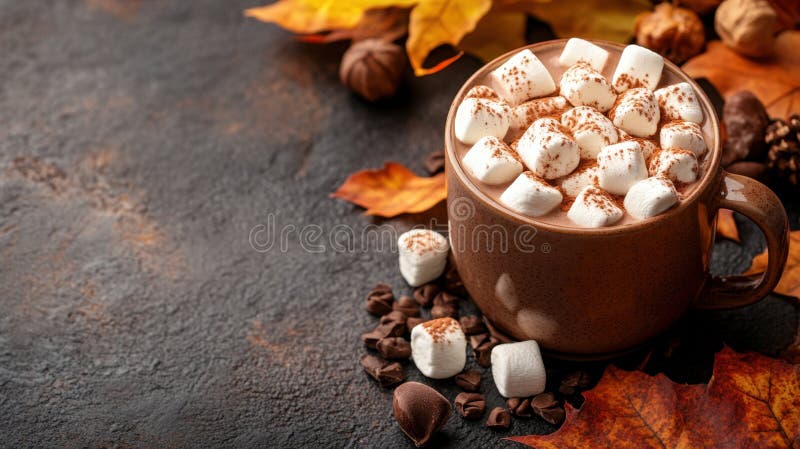 Concept bannière de l'automne confort nourriture chocolat chaud avec marshmallows dans une tasse confortable au milieu des feuille. Concept de haute qualité bannière de l'automne confort nourriture chocolat chaud avec marshmallows dans une tasse confortable au milieu des feuilles d'automne colorées avec espace pour le texte généré ai