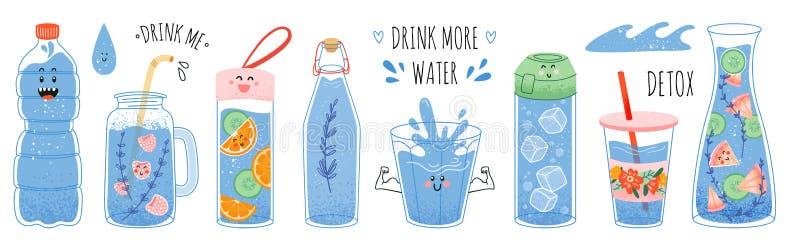 Concept bea mai multă apă potabilă într-un termos și într-un recipient din sticlă de cană din plastic. royalty free illustration