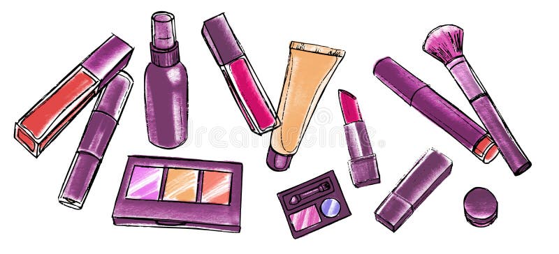 Makeup Items Set. Hand Drawn Colorful Cosmetic Elements. Stock Vector -  Illustration of cosmetic, fashion: 100058637