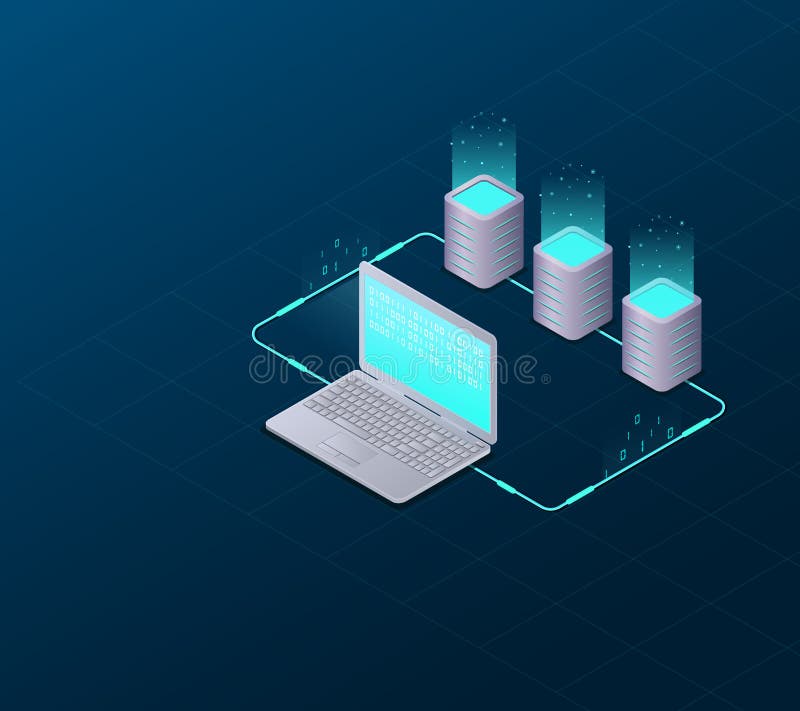 Concept of big data processing, web hosting and server room, computer. Internet network communication. Big Data Synchronization an royalty free illustration Concept of big data processing, web hosting and server room, computer. Internet network communication. Big Data Synchronization an royalty free illustration