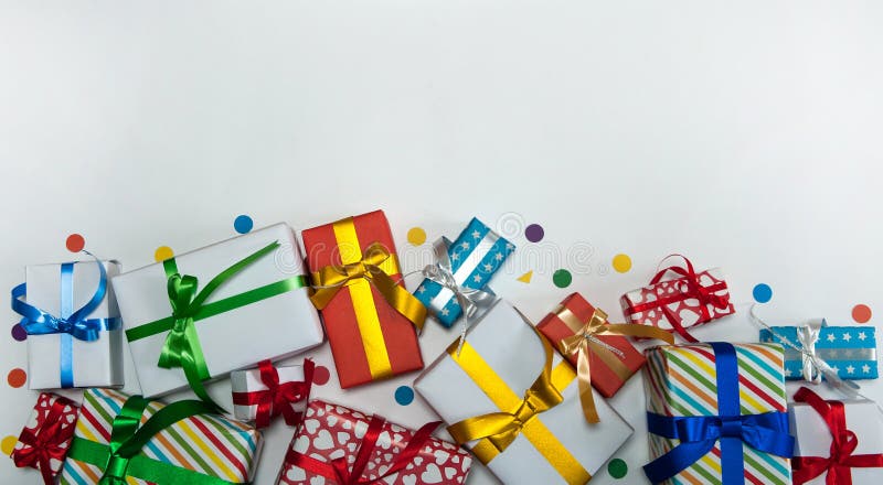 The border is made of confetti and many colored gift boxes with ribbons and bows on a white background.