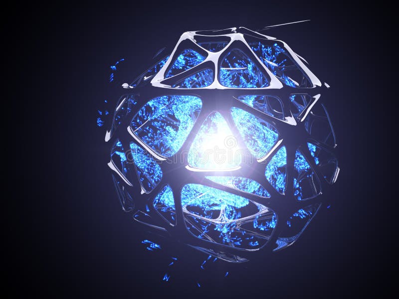 Concept of blue energy particles into artifactial black cage. 3d illustration