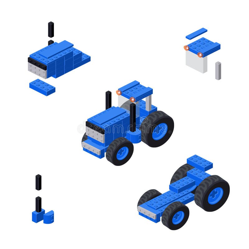 Concept with Blue Tractor Made of Plastic Bricks. Vector Stock