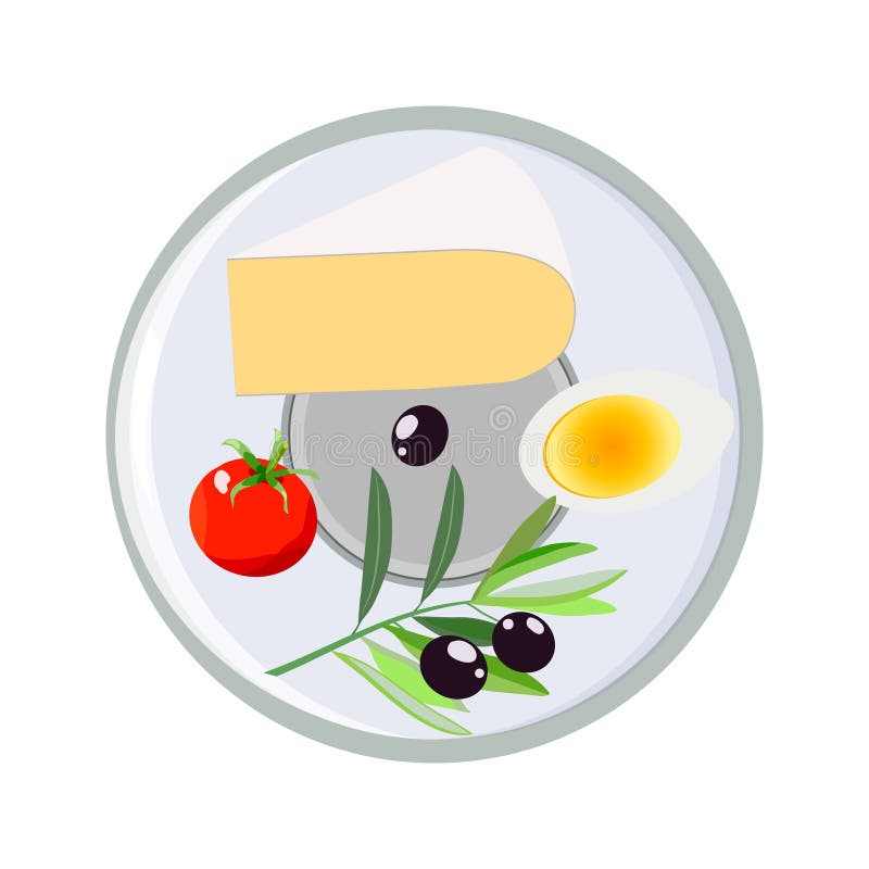 Concept of breakfast in cartoon style. On a plate dairy products, cheese, eggs stock illustration Concept of breakfast in cartoon style. On a plate dairy products, cheese, eggs stock illustration