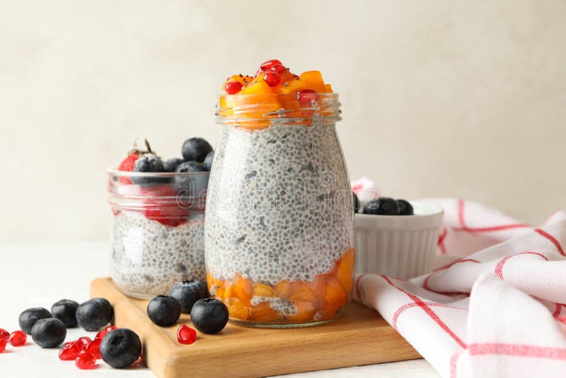 Concept of Breakfast with Delicious Chia Pudding with Fruits Stock