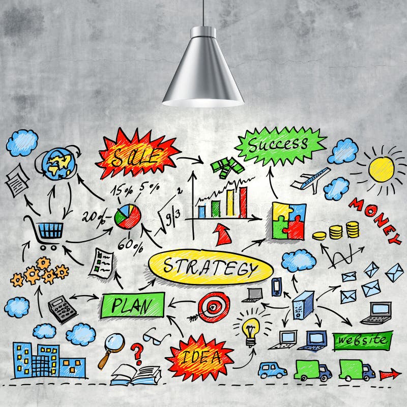 Concept Of Business Plan Drawn On A Concrete Wall Stock Illustration