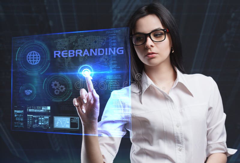 The concept of business, technology, the Internet and the network. A young entrepreneur working on a virtual screen of the future stock image