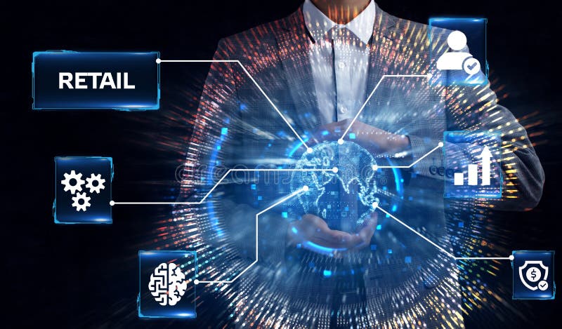 The concept of business, technology, the Internet and the network. A young entrepreneur working on a virtual screen of the future royalty free stock images