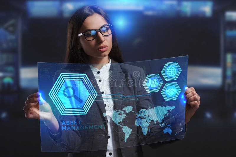 The concept of business, technology, the Internet and the network. A young entrepreneur working on a virtual screen of the future stock images