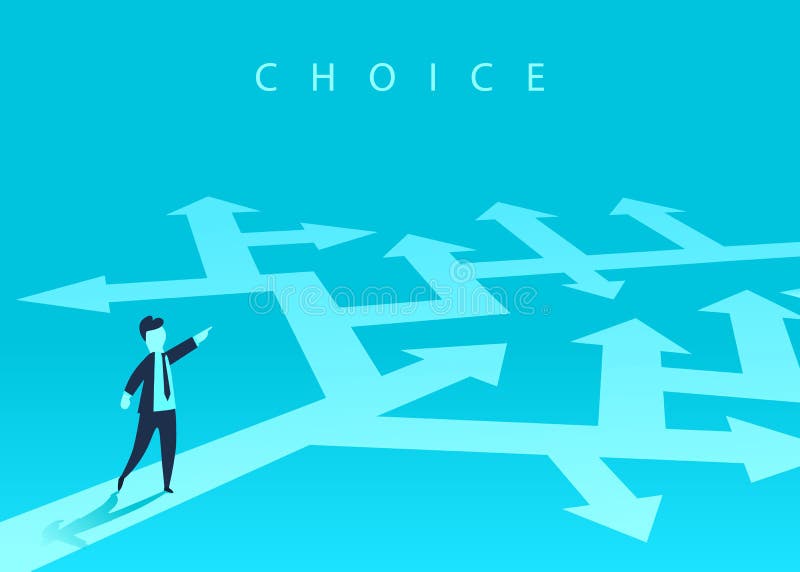 The concept of choosing the way of business and a businessman showing the direction. Problem solving, way to success. royalty free illustration The concept of choosing the way of business and a businessman showing the direction. Problem solving, way to success. royalty free illustration