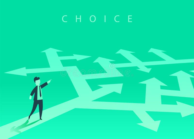 The concept of choosing the way of business and a businessman showing the direction. Problem solving, way to success. stock illustration The concept of choosing the way of business and a businessman showing the direction. Problem solving, way to success. stock illustration