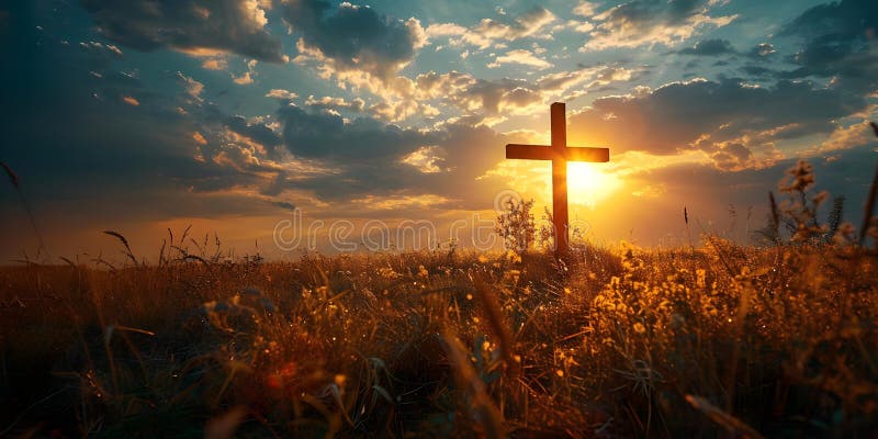 Symbolic Representation of Christian Faith and Worship in a Tranquil Sunset Field. Concept vector illustration