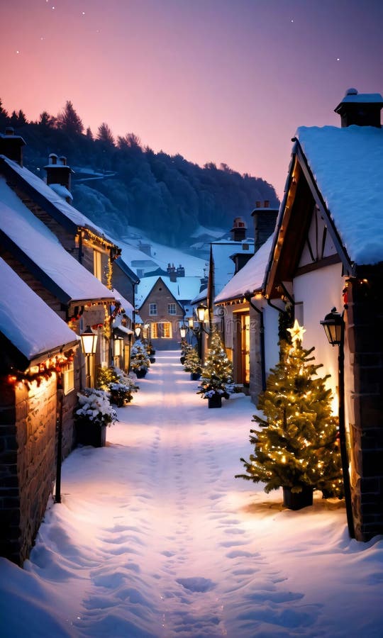 Concept Of Christmas Lights Illuminating A Path Through A Snowy Village, Captured At Dawn. Generative AI