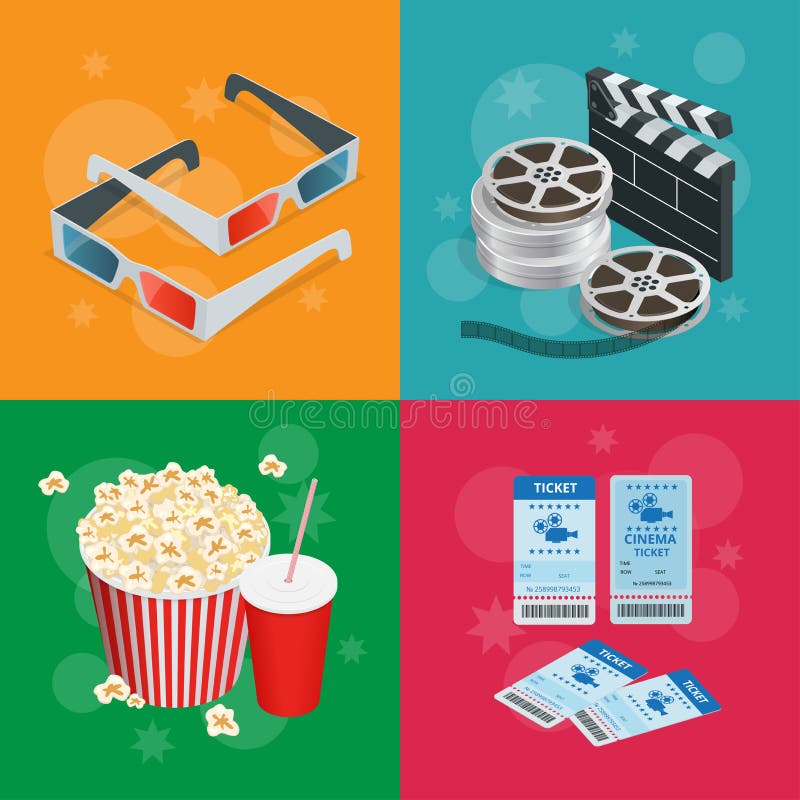 Concept cinema banners. Realistic Cinema concept with movie theatre elements. Movie poster template with film reel stock illustration Concept cinema banners. Realistic Cinema concept with movie theatre elements. Movie poster template with film reel stock illustration