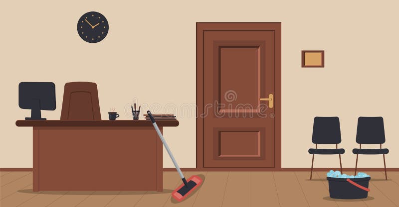 Concept of cleaning office or reception area.Wooden door, sign,table,monitor,armchair,chairs,wall clock,cup of coffee,folders royalty free illustration Concept of cleaning office or reception area.Wooden door, sign,table,monitor,armchair,chairs,wall clock,cup of coffee,folders royalty free illustration