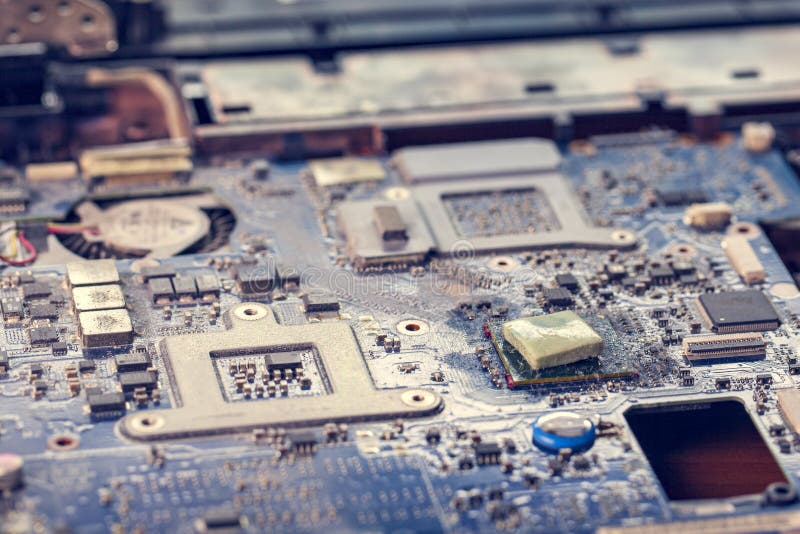 The concept of computer hardware, mobile phone, electronic, repairing, upgrade and technology, vacuum dust cooler, dirty PC royalty free stock image