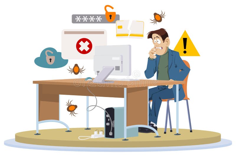 Concept of computer viruses. Shocked man behind computer. Illustration for internet and mobile website