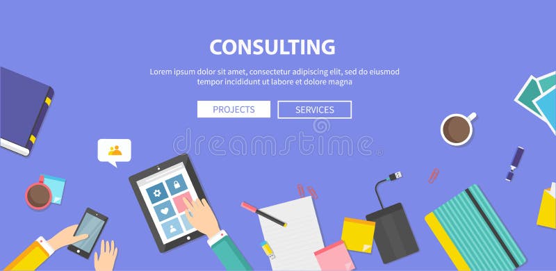 Concept of Consulting, Service, Teamwork. Necessary items for consulting, development of ideas, teamwork. Top view in flat design style. For web site vector illustration Concept of Consulting, Service, Teamwork. Necessary items for consulting, development of ideas, teamwork. Top view in flat design style. For web site vector illustration