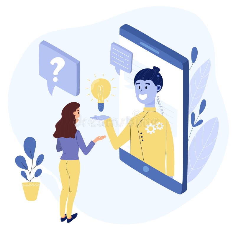 Concept conversație chatbot-uri. femeie care vorbește cu un chat bot prin telefon mobil vector illustration
