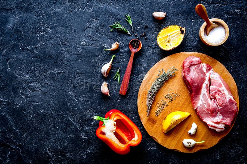 Concept Cooking Meat Steak On Dark Background Top View Stock Photo