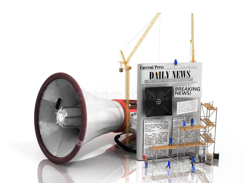 Concept of creating news Builders glue the text to an empty newspaper next to a loudspeaker symbolizing propoganda 3d render on royalty free illustration Concept of creating news Builders glue the text to an empty newspaper next to a loudspeaker symbolizing propoganda 3d render on royalty free illustration