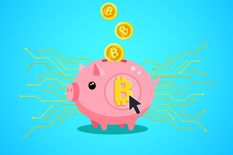 Concept of Crypto Currency. Piggy Bank with Bitcoin Stock Vector